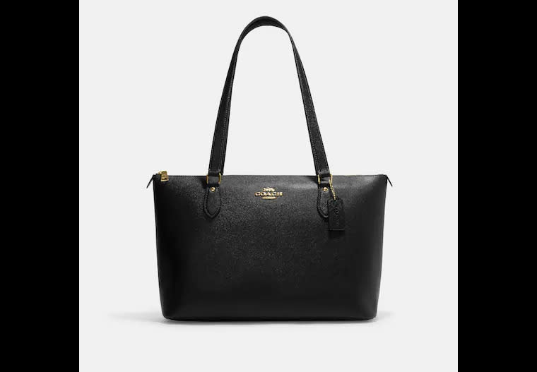 the front of the Coach Gallery Tote in black leather