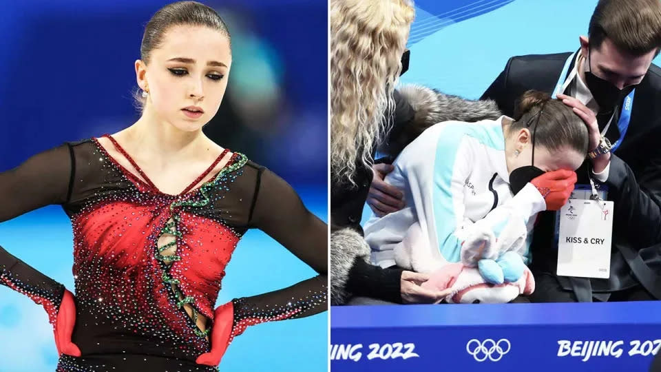 Seen here, a distraught Kamila Valieva is consoled by her Russian entourage.