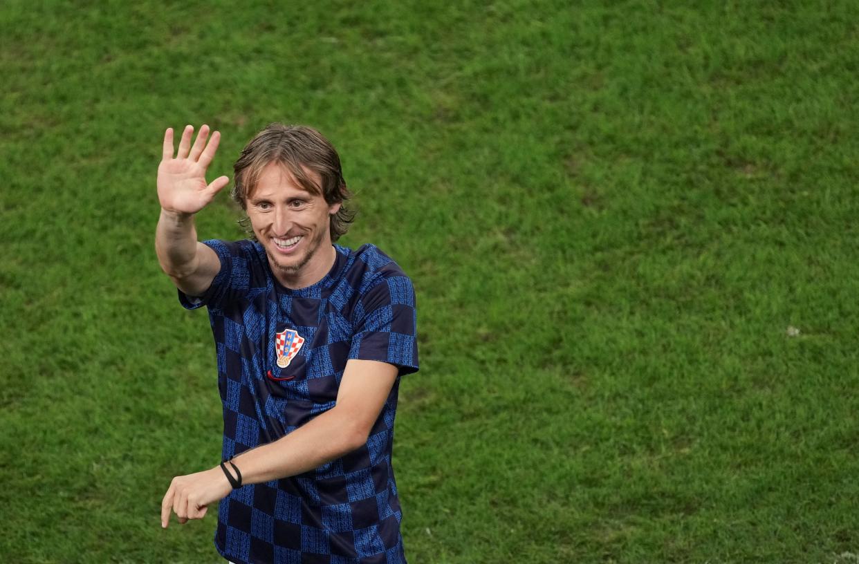 Luka Modric of Croatia celebrates team advancing into the quarter finals after the Round of 16 match between Japan and Croatia at the 2022 FIFA World Cup at Al Janoub Stadium in Al Wakrah, Qatar, Dec. 5, 2022. (Photo by Meng Yongmin/Xinhua via Getty Images)