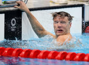 <p>Robert Finke of Team United States reacts after winning the gold medal in the Men's 800m Freestyle Final on day six of the Tokyo 2020 Olympic Games at Tokyo Aquatics Centre on July 29, 2021 in Tokyo, Japan. (Photo by Tom Pennington/Getty Images)</p> 