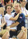 Once you get past how adorable the royal couple looks embracing, you'll notice Kate's very cute simple leather belt. The tan skinny belt pulls together her whole outfit. <br>--<br> Catherine, Duchess of Cambridge and Prince William, Duke of Cambridge embrace after Philip Hindes, Jason Kenny and Sir Chris Hoy of Great Britain win the gold and a new world record in the Men's Team Sprint Track Cycling final during Day 6 of the London 2012 Olympic Games at Velodrome on August 2, 2012 in London, England.