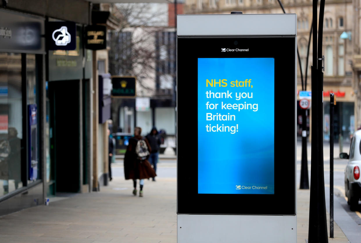 Electronic signs thanking NHS staff in Sheffield city centre as the UK continues in lockdown to help curb the spread of the coronavirus.