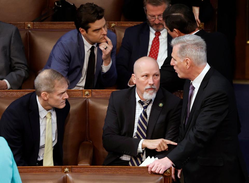 U.S. House Republican Leader Kevin McCarthy (R-CA) (R) talks to Rep. Chip Roy (R-TX) (C) and Rep. Jim Jordan (R-OH) in the House Chamber during the second day of elections for Speaker of the House at the U.S. Capitol Building on January 04, 2023 in Washington, DC. (Getty Images)