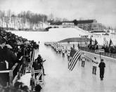 <p>President Franklin Delano Roosevelt presides over the crowd as the U.S. delegates arrived at the outdoor opening ceremony for the 1932 Winter Olympics in Lake Placid. </p>