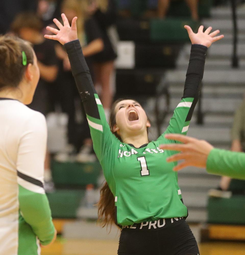 Highland's Corinne Mutch reacts after the Hornets win in game 3 against Copley on Tuesday, Sept. 20, 2022 in Hinkley.