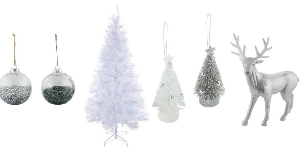 Pictured left to right: Glitter Filled Bauble ($3), 2.13m (7ft) Pre-Lit White Kingston Christmas Tree with Glittered Tips ($99), Bottle Brush Tree – Assorted ($1), Large Glittered Reindeer ($15). Photo: Kmart