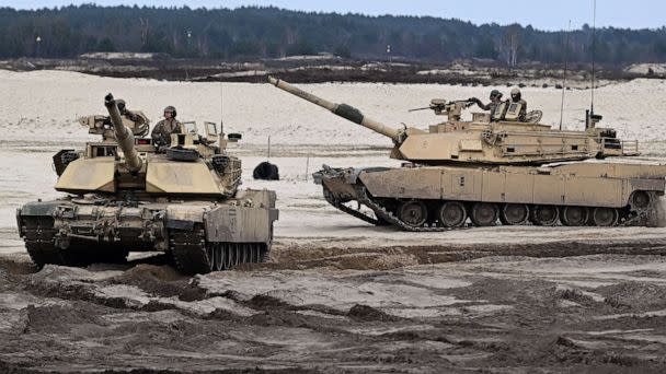 PHOTO: Polish and American soldiers during the training using, among other things, Abrams tanks at a training site in Nowa Deba, southeast Poland, April 12, 2023. (Darek Delmanowicz/EPA via Shutterstock)