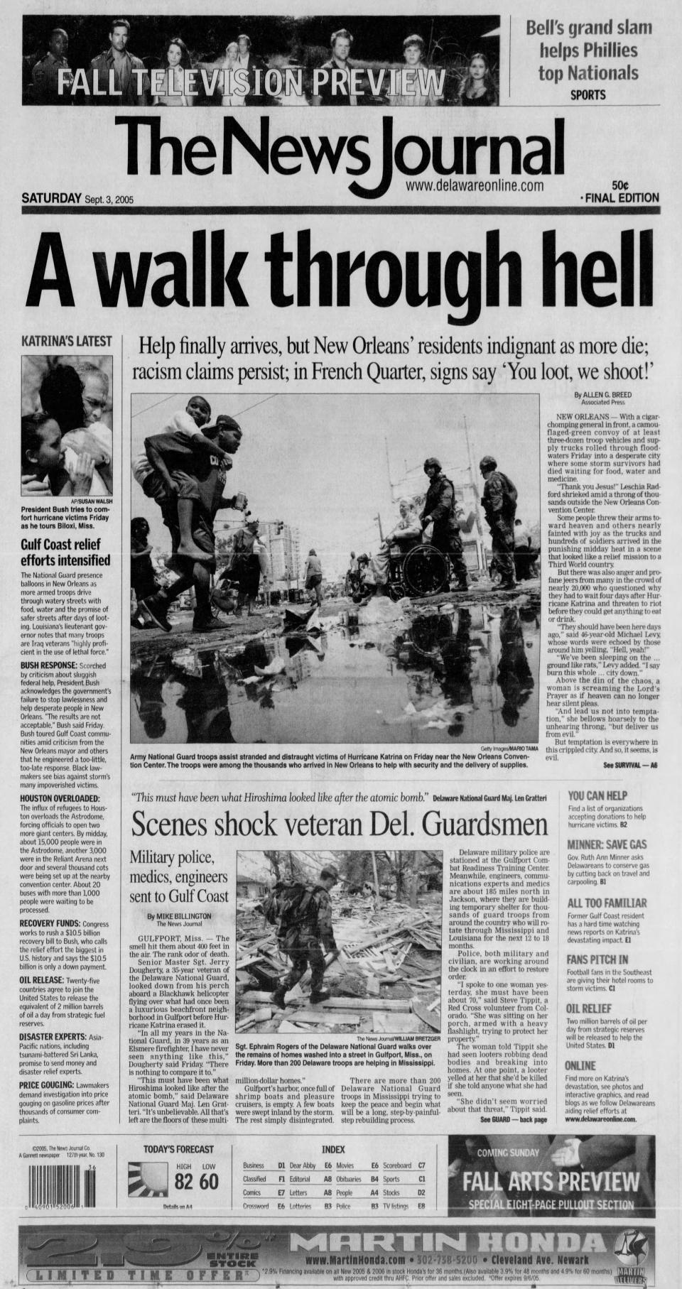 Front page of The News Journal from Sept. 3, 2005.