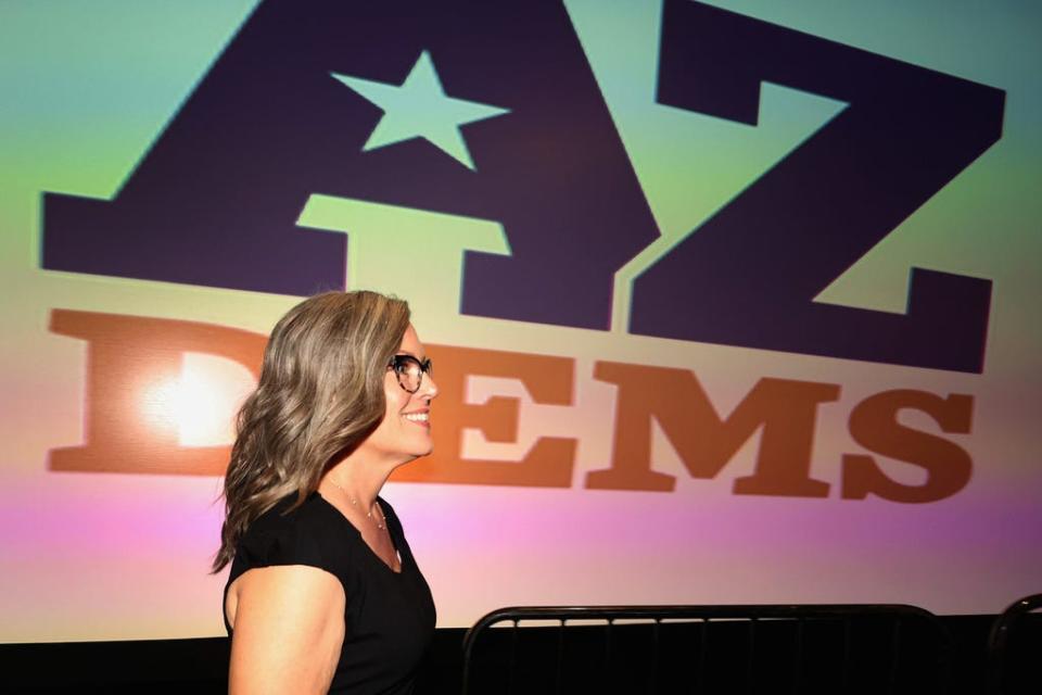 PHOENIX, ARIZONA - NOVEMBER 08:  Arizona Democratic gubernatorial nominee Katie Hobbs arrives to an election night watch party at the Renaissance Phoenix Downtown Hotel on November 08, 2022 in Phoenix, Arizona.  Hobbs is running against Republican candidate Kari Lake, who is endorsed by former President Donald Trump.