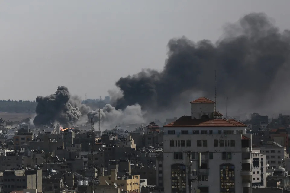 Smoke rises following Israeli airstrikes on Gaza City, Saturday, Oct. 21, 2023. (AP Photo/Abed Khaled)
