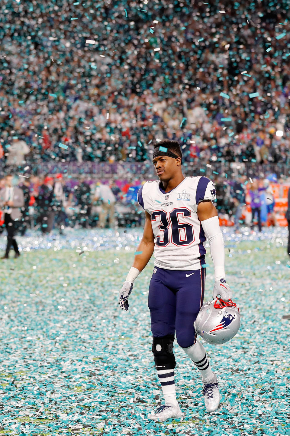 <p>Brandon King #36 of the New England Patriots walks offsides the field after his team lost 41-33 to the Philadelphia Eagles in Super Bowl LII at U.S. Bank Stadium on February 4, 2018 in Minneapolis, Minnesota. The Philadelphia Eagles defeated the New England Patriots 41-33. (Photo by Kevin C. Cox/Getty Images) </p>