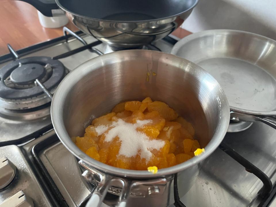 making mandarin coulis for platinum pudding
