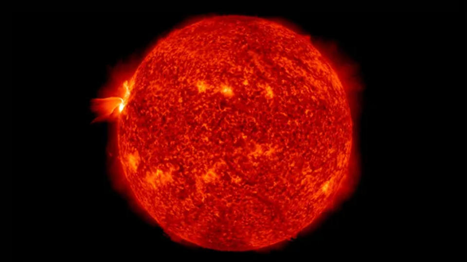A full-disk view of the sun as it unleashed a major X1.1 class solar flare from an active sunspot cluster on April 17, 2022. This view was taken by NASA's Solar Dynamics Observatory.