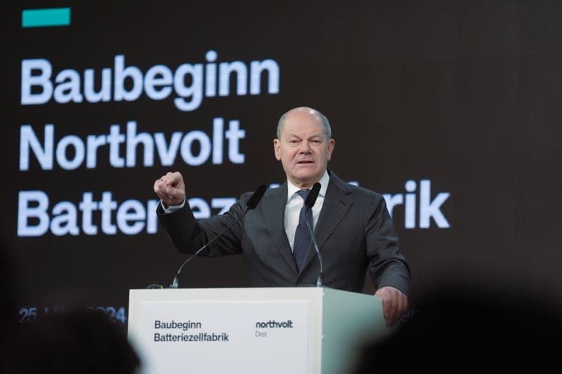 German Chancellor Olaf Scholz speaks before the start of construction of the Northvolt factory, which will produce battery cells for electric cars from 2026. Marcus Brandt/dpa