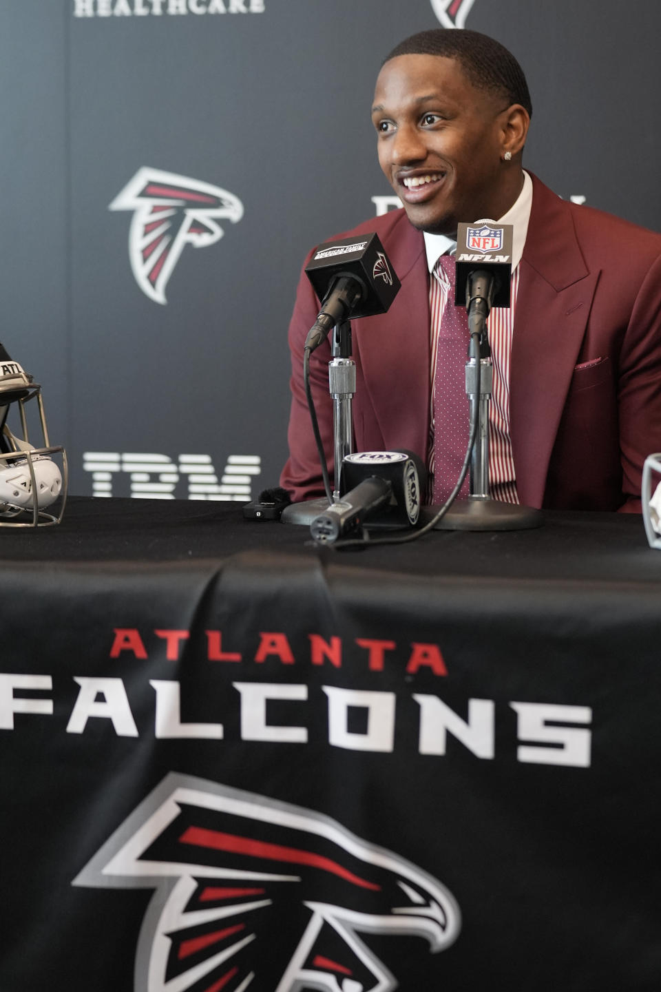 Atlanta Falcons first round draft choice quarterback Michael Penix Jr., speaks during a news conference Friday, April 26, 2024, in Flowery Branch, Ga. (AP Photo/John Bazemore)