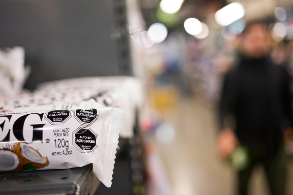 This product sold in a Chilean supermarket carries the labels required by law to show the levels of calories, sugars and fats. More than one-third of Chileans said the labels encouraged them to change their eating habits.