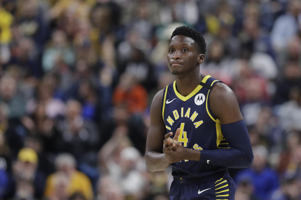 Indiana Pacers' Victor Oladipo (4) enters the game during the first half of an NBA basketball game against the New York Knicks, Saturday, Feb. 1, 2020, in Indianapolis. (AP Photo/Darron Cummings)