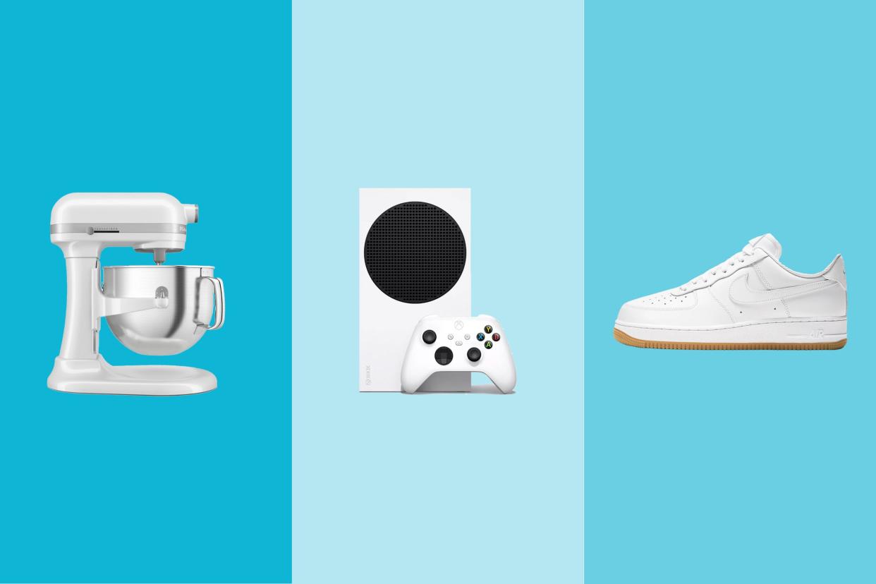 A triptych of products on blue: from left to right, a white kitchen aid mixer, a white xbox console and controller, and a pair of white Nike shoes