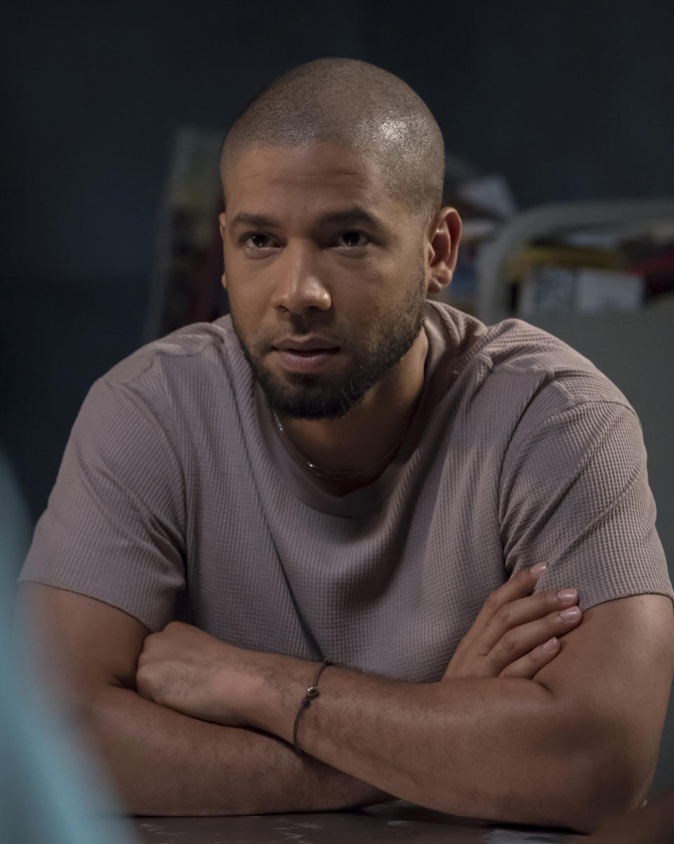 This image released by Fox shows Jussie Smollett in a scene from the "Pay For Their Presumptions" episode of "Empire," which originally aired on Oct. 3, 2018. Smollett’s co-starring role in “Empire” may end up being the pinnacle of his career, industry observers and insiders said as the actor faces criminal charges that he faked a hate crime against himself. (Chuck Hodes/FOX via AP)