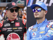 FILE - Christopher Bell, left, and Kyle Larson, right, are shown at Homestead-Miami Speedway, Oct. 22, 2023. Kyle Larson and Christopher Bell are locked into NASCAR's championship-deciding finale, leaving two spots open Sunday at Martinsville Speedway. (AP Photo/Wilfredo Lee, File)