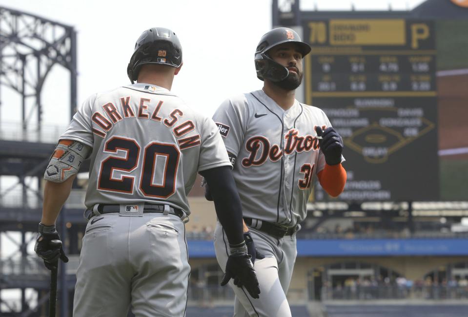 Tigers first baseman Spencer Torkelson, left, congratulates center fielder Riley Greene crossing home plate on a solo home run against the Pirates during the first inning on Wednesday, Aug. 2, 2023, in Pittsburgh.