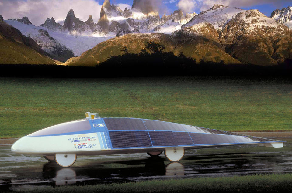 <p>The race to explore alternative fuels for personal transport has been going on a long time, and in 1987 GM sent this extraordinary machine on a <strong>1,950-mile</strong> race across Australia, fed by nothing but <strong>sunshine</strong>. Weighing just <strong>177kg </strong>and fitted with <strong>7,200 </strong>solar cells, the Sunraycer could seat just one so it wasn’t massively practical, but it was a forward thinking technical tour de force with its lightweight construction, regenerative braking and an electric motor that was the size of a drinks can.</p><p>It won the race by a large margin. It had a drag coefficient of just <strong>0.125 Cd</strong>, and could crack <strong>68mph</strong>; it averaged <strong>42mph</strong> in the race, and drove from Darwin to Adelaide in just over five days – <strong>2 days </strong>quicker than the next competitor. It’s now displayed at the <strong>National Museum of American History</strong> in Washington, DC.</p>