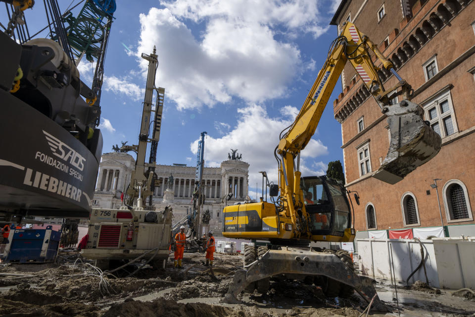 A view of the construction site of the new 25.5-kilometer Metro C subway main hub in Piazza Venezia in central Rome, Thursday, May 23, 2024. During a tour Thursday of the construction site at Piazza Venezia, chief engineer Andrea Sciotti said works on the nearly 3 billion euro project, considered one of the most complicated in the world, were running at pace to be completed by 2034. (AP Photo/Domenico Stinellis)