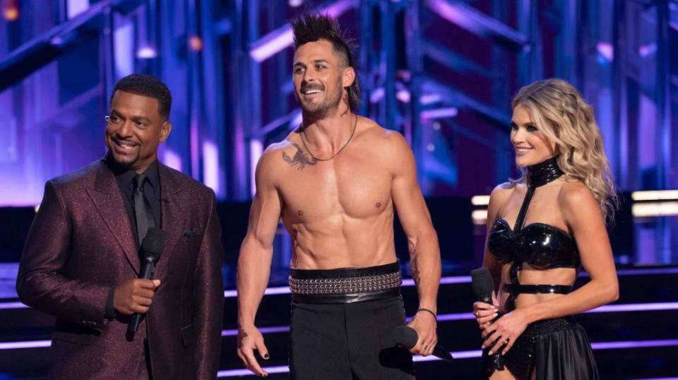 DWTS co-host Alfonso Ribeiro with Danny Amendola and Witney Carson "Hair metal night"