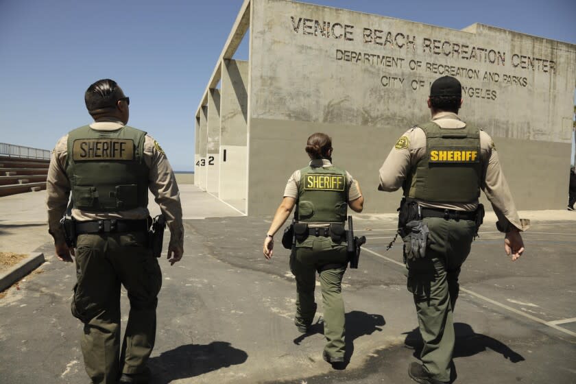 VENICE, CA - JUNE 8, 2021 - - Los Angeles County Sheriff deputies with the Homeless Outreach Services Team (HOST) patrol to assess the homeless situation in Venice on June 8, 2021. They also directed homeless to members of the St. Joseph's Center who were on hand to try and place homeless into housing. Sheriff Alex Villanueva said Monday that the sheriff's department was responding to the growing homeless crisis, citing a lack of urgency from local leaders to develop an action plan. Venice is outside the sheriff's department's jurisdiction and is patrolled by the Los Angeles Police Department Pacific Division. LA County Sheriff Lt Geff Deedrick lead the Homeless Outreach Services Team on Tuesday. They worked with trained Sheriff's counselors. (Genaro Molina / Los Angeles Times)