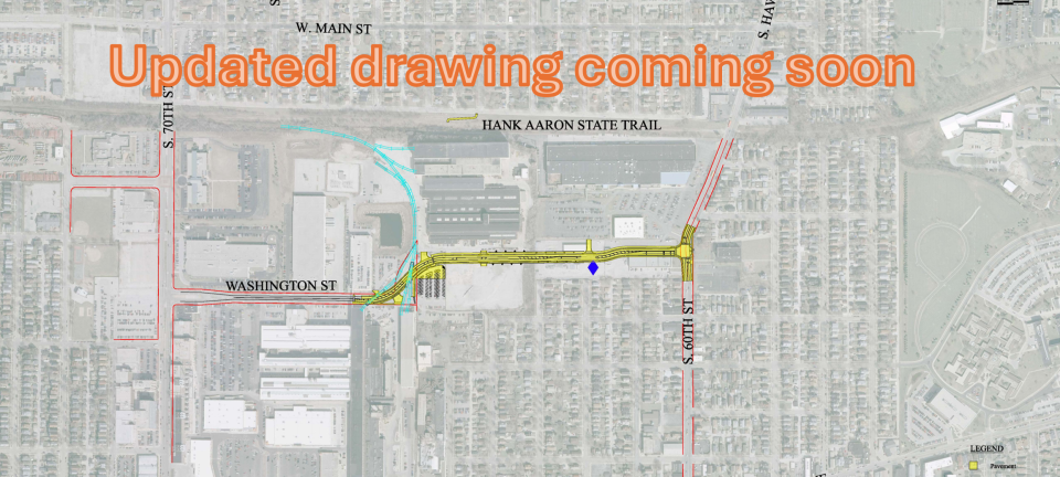 The current design plans for West Allis-Chalmers Drive. This new road segment is the result of a building being demolished on 60th Hawley.