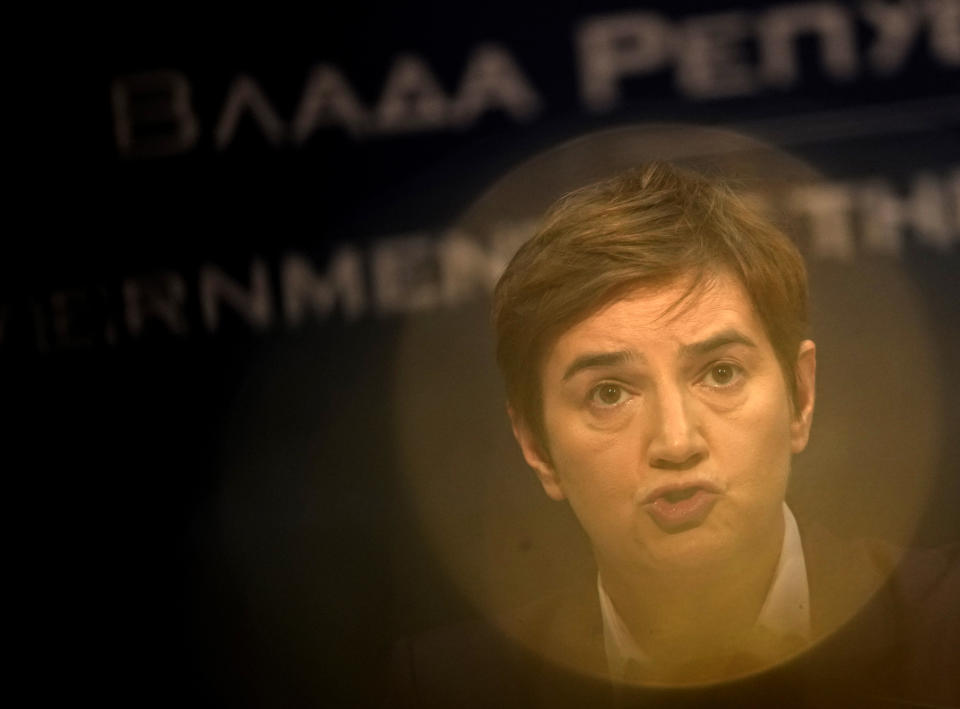 Serbian Prime Minister Ana Brnabic speaks during a press conference in Belgrade, Serbia, Thursday, Jan. 20, 2022. Trying to defuse protests by environmentalists, Serbia's populist government declared Thursday it is canceling all rights that would help mining giant Rio Tinto launch a lithium mine in the Balkan country. (AP Photo/Darko Vojinovic)