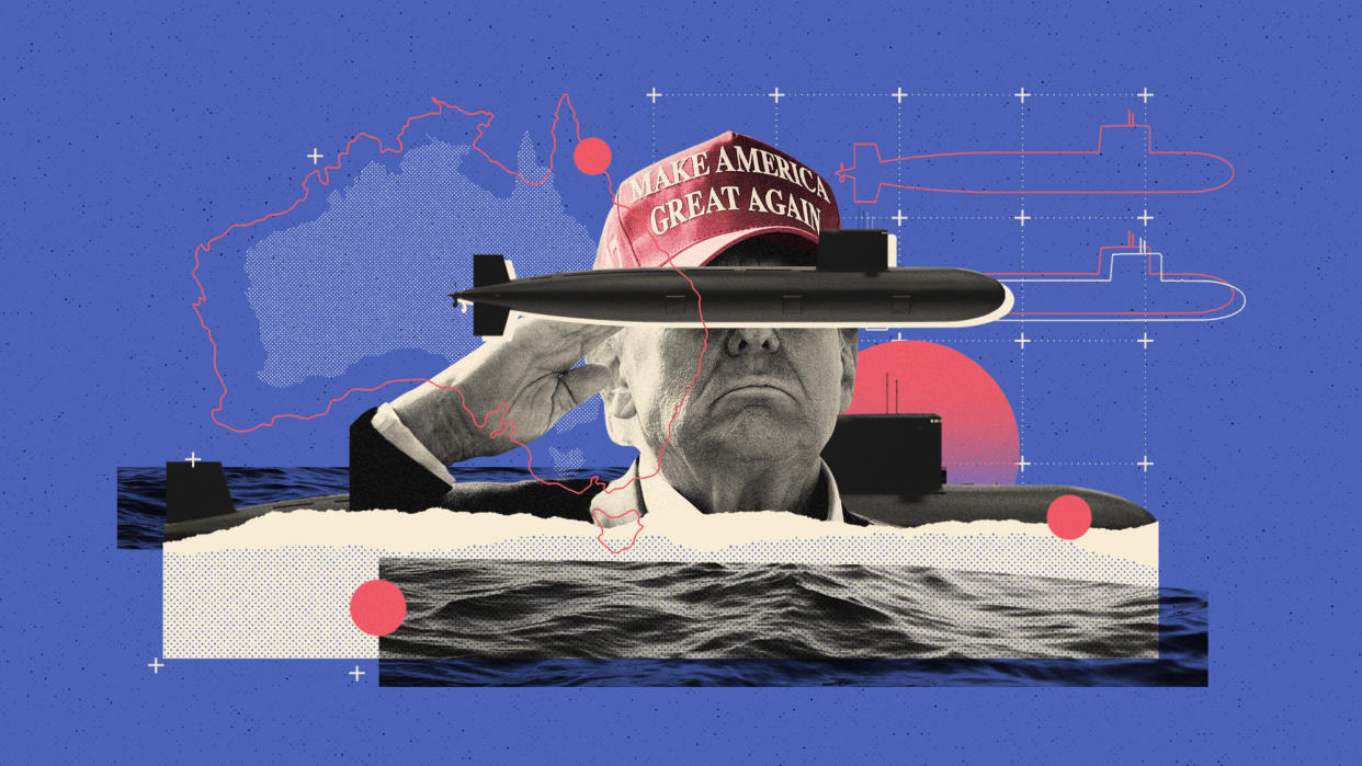  Illustration of Donald Trump, submarines and a map of Australia. 