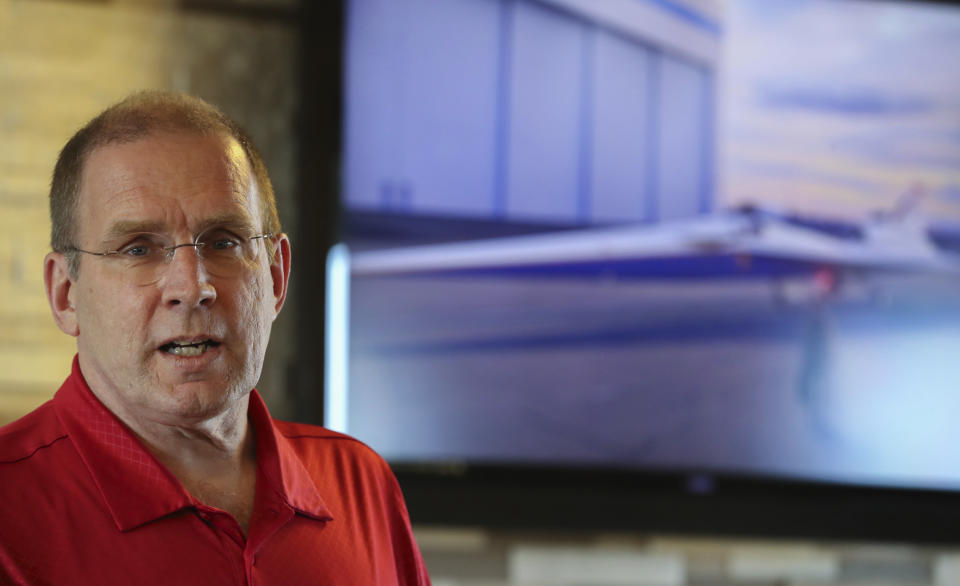 In this April 17, 2018, photo Peter Coen, project manager of NASA's Commercial Supersonic Technology Project addresses the media at Scholes Field Terminal in Galveston, Texas. NASA has begun a series of supersonic research flights off the Texas Gulf Coast near Galveston to test how the community responds to noise from a new experimental aircraft. (Steve Gonzales/Houston Chronicle via AP)