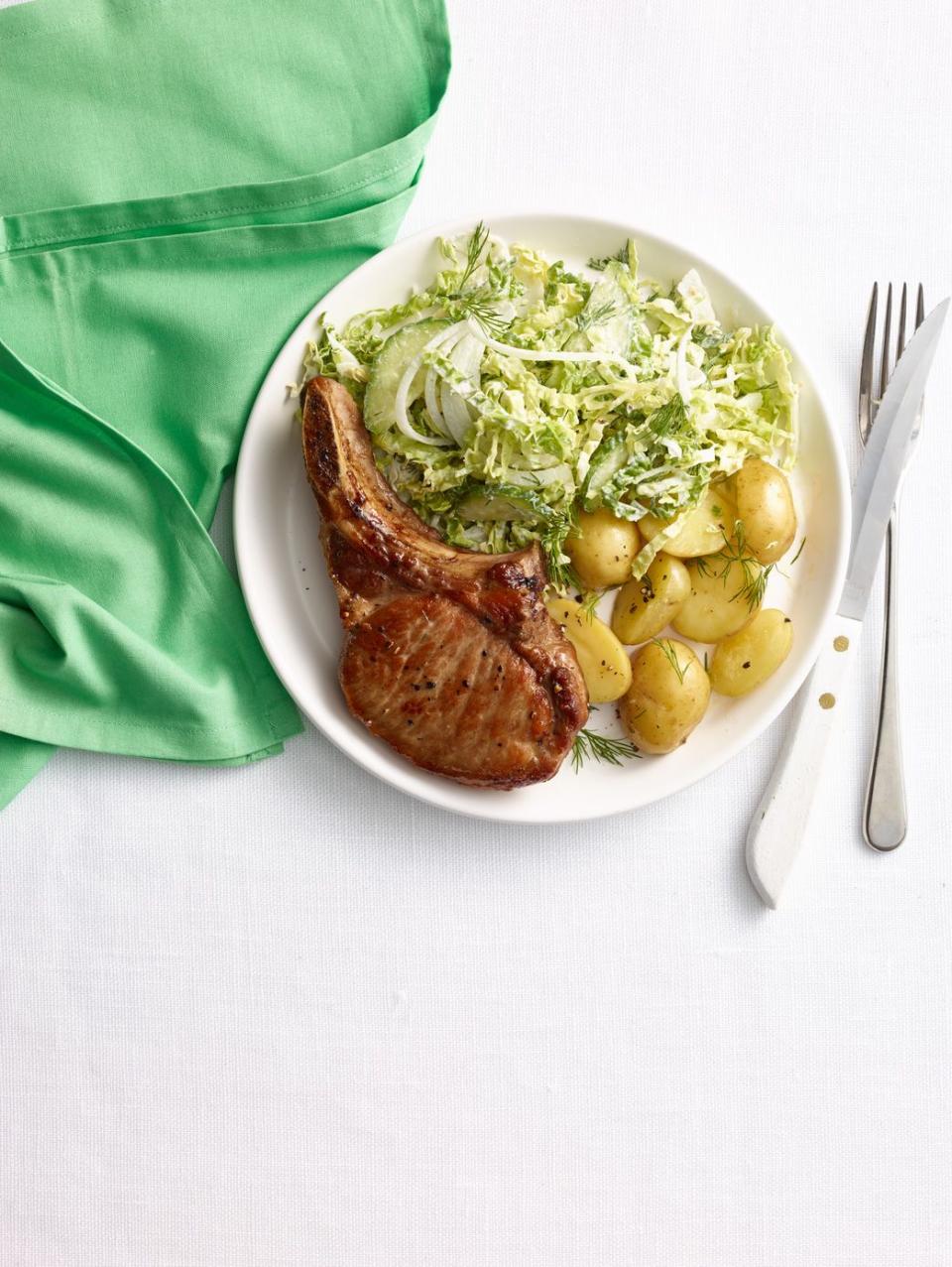 Pork Chops with Horseradish Cabbage and Cucumber Slaw