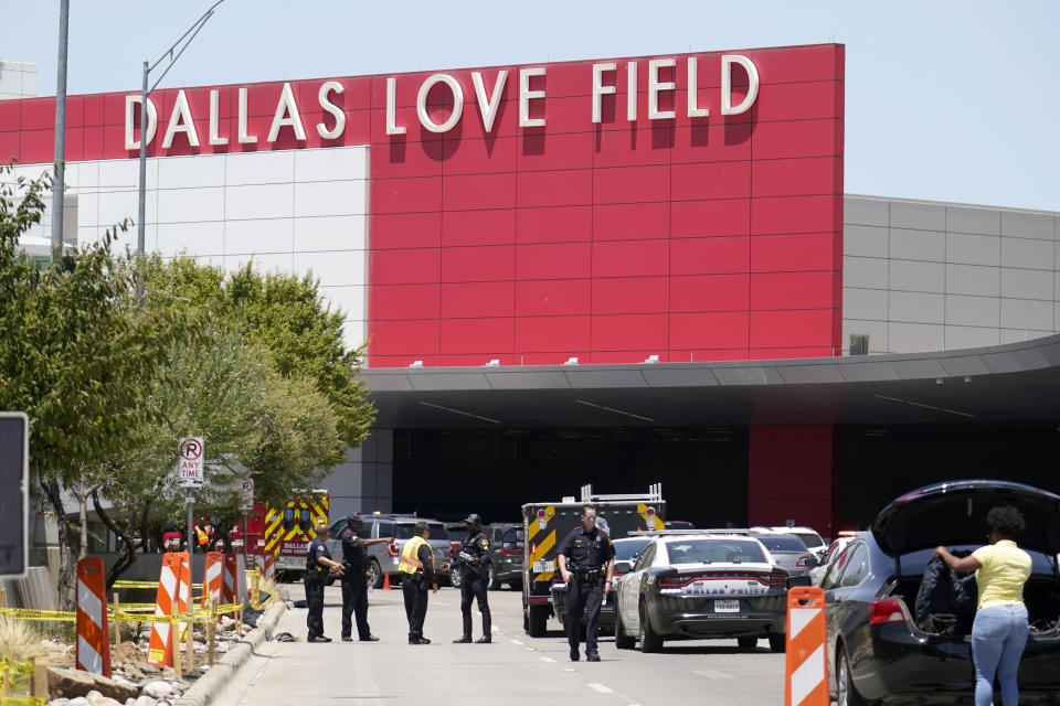 Emergency responders converge near the main entrance at Dallas Love Field airport in Dallas, July 25, 2022. / Credit: AP Photo/Tony Gutierrez