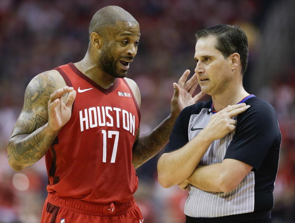 Houston Rockets forward PJ Tucker (17) argues a call with referee David Guthrie during the first half of Game 4 of a second-round NBA basketball playoff series against the Golden State Warriors, Monday, May 6, 2019, in Houston. (AP Photo/Eric Christian Smith)