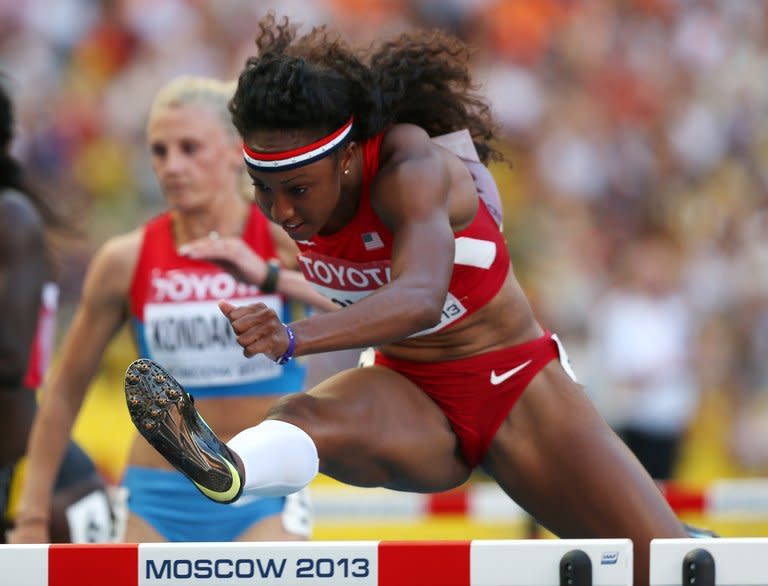 Brianna Rollins competes in the World Championship 100m hurdles in Moscow on August 17, 2013. The American won the title