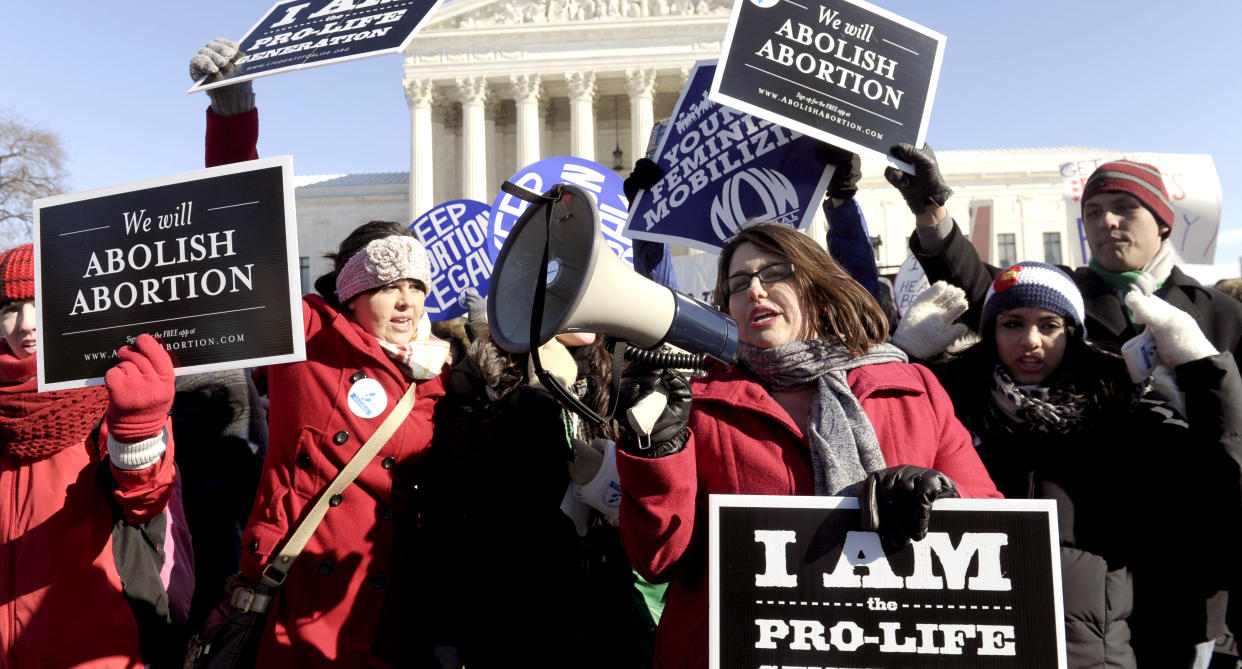 Both sides of the national abortion argument, plus free-speech rights, are at the center of Supreme Court case NIFLA v. Becerra, which began oral arguments on Tuesday. (Photo: Susan Walsh/AP/REX/Shutterstock)