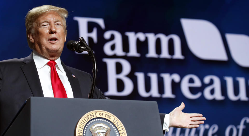 President Donald Trump speaks at the American Farm Bureau Federation's 100th Annual Convention, Monday Jan. 14, 2019, in New Orleans. (AP Photo/Jacquelyn Martin)