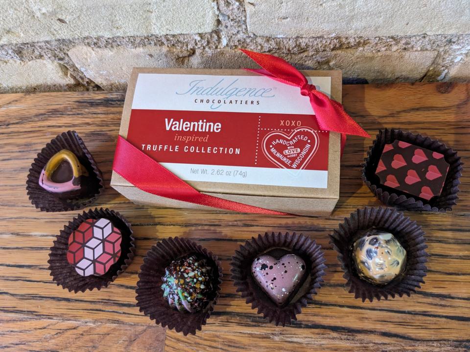 Indulgence Chocolatiers' Valentine Inspired Truffle Collection includes six artisan-style chocolates with special Valentine's Day shapes and designs.