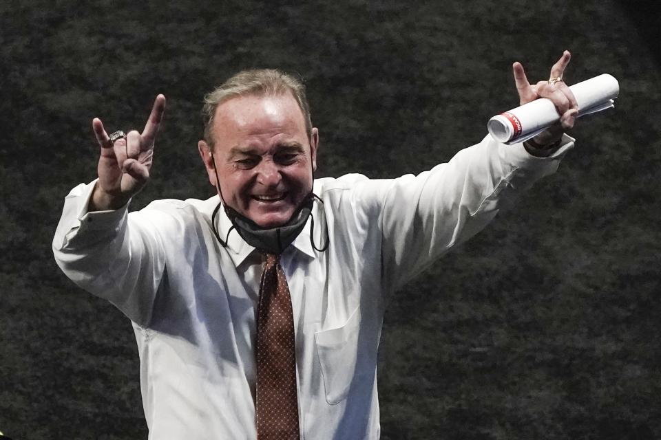 Texas head coach Vic Schaefer reacts after an NCAA college basketball game against Maryland in the Sweet 16 round of the Women's NCAA tournament Sunday, March 28, 2021, at the Alamodome in San Antonio. Texas won 64-61. (AP Photo/Morry Gash)