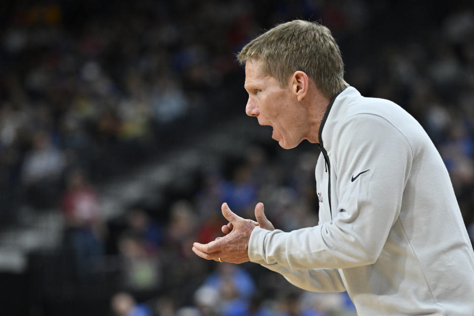 Gonzaga head coach Mark Few reacts in the first half of a Sweet 16 college basketball game against UCLA in the West Regional of the NCAA Tournament, Thursday, March 23, 2023, in Las Vegas. (AP Photo/David Becker)