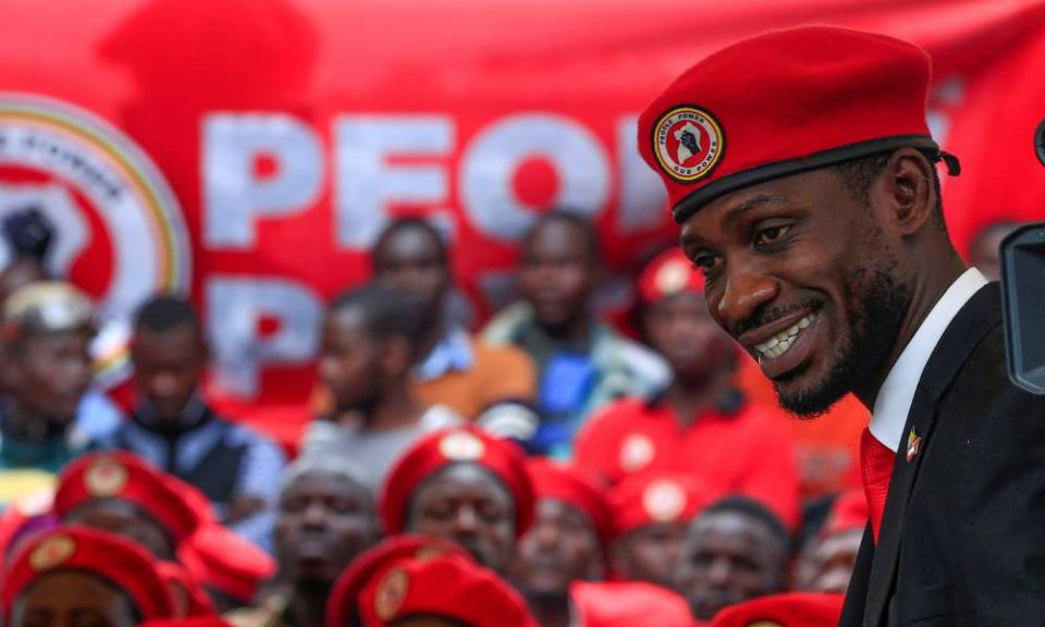 Bobi Wine gives a news conference in Kampala