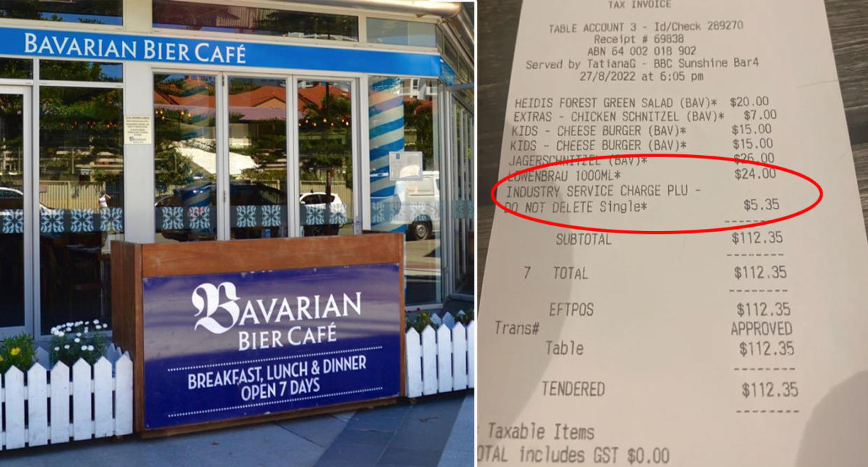 The Brisbane diner's receipt and the front of the Bavarian Bier Cafe