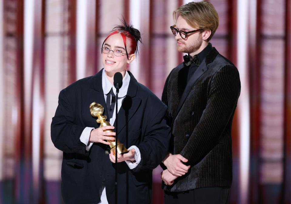 Billie Eilish and FINNEAS accepts the award for Best Original Song Motion Picture for “What Was I Made For?” Barbie Music & Lyrics at the 81st Golden Globe Awards held at the Beverly Hilton Hotel on January 7, 2024 in Beverly Hills, California. (Photo by Rich Polk/Golden Globes 2024/Golden Globes 2024 via Getty Images)