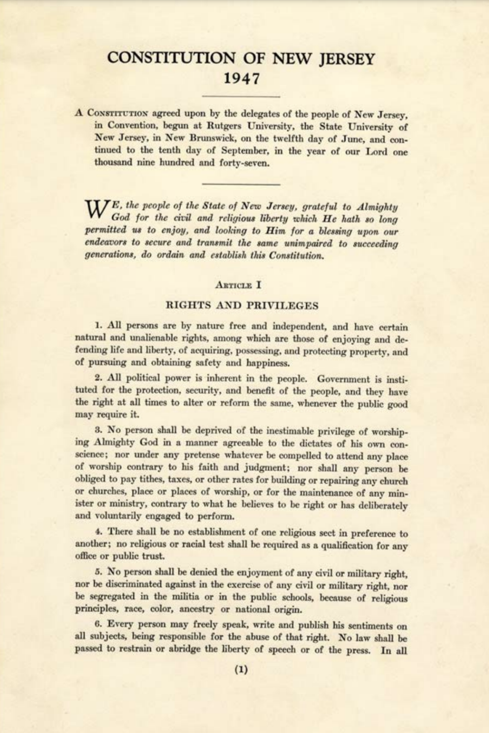 The first page of the 1947 New Jersey Constitution includes the landmark language that barred discrimination in the state's schools and National Guard.