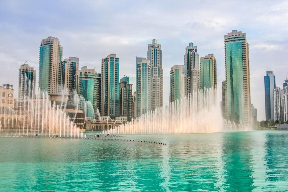 The Dubai Fountains are a choreographed fountain system on the Burj Khalifa Lake, which is located at the centre of the Downtown Dubai development.