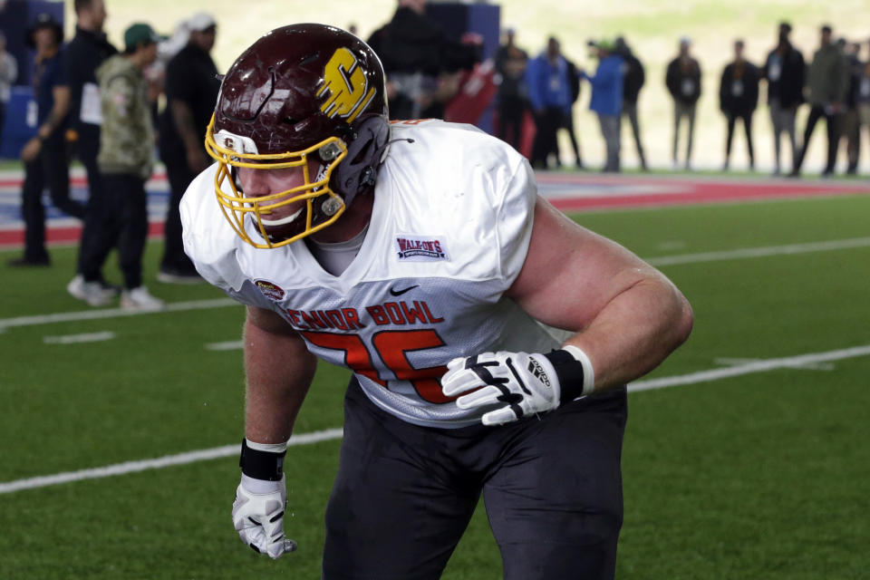 Central Michigan OT Bernhard Raimann had a solid week at the 2022 Senior Bowl. (AP Photo/Butch Dill)