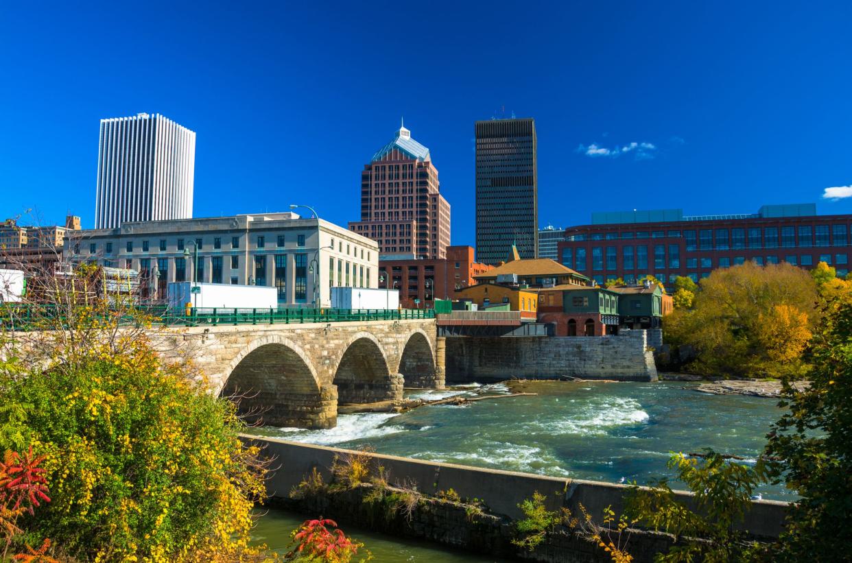 Downtown Rochester skyline in the background with a stone bridge, the Genesee River, and plants in the foreground.  Picture taken during Autumn.