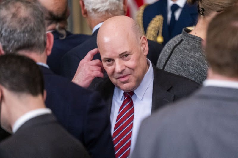 U.S. Postmaster General Louis DeJoy attends the signing ceremony of H.R. 3076, the Postal Service Reform Act of 2022 during a ceremony in the State Dining Room of the White House in Washington, D.C., on April 6, 2022. File Photo by Shawn Thew/UPI